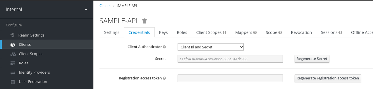 Aperçue de l'interface de Keycloak, l'authentification client est configuré en mode "client secret"