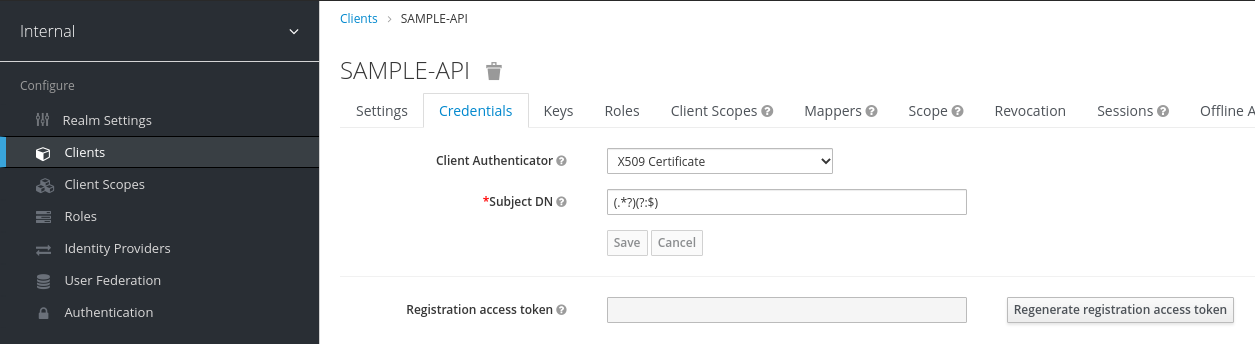 Aperçue de l'interface de Keycloak, l'authentification client est configuré en mode "x509 certificate"